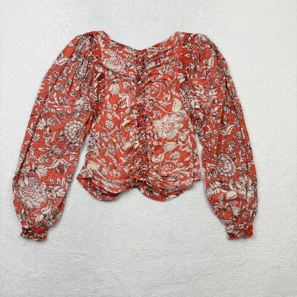 Free People Say The Word Ruched Front Floral‎ Long Sleeve Top Ruby Orange XL